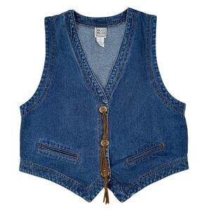 Russ Sport Denim Vest Fringe Boho Western Button Vintage 90s Size 14